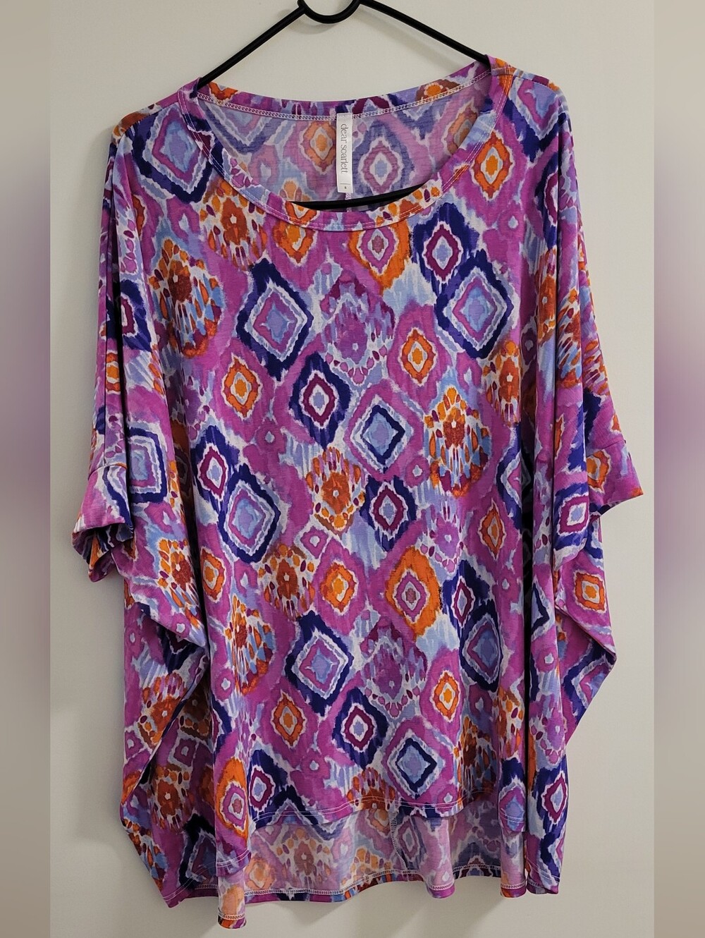 Dear Scarlett Relaxed Scoop Neck Dolman Sleeve Top in Purple Ikat Print‎ Size Sm